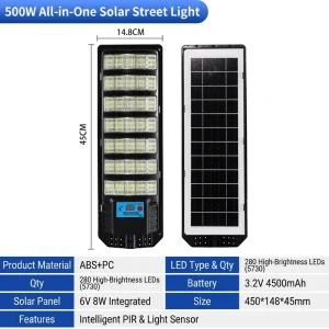 LED ABS Human Induction Solar Street Lamp IP67 Rated DC Powered 6000K Daylight for Town Suburb Road Commercial Parking