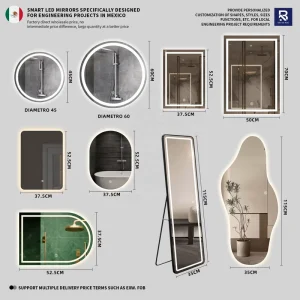 LED Bathroom Mirror for Mexico Engineering Projects Round Arch Full Length Multiple Shapes Anti fog Touch Dimmable OEM