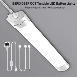 LED Batten Lights Waterproof Plastic Plug in IP65 Daylight 4000K 6000K 1.3FT 40cm 18W for Shed Cabinet Loft Garage Warehouse