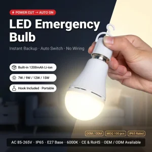 LED Emergency Bulb E27 7W 9W 12W 15W AC85-265V IP65 Rechargeable Li-ion Battery Camping Outdoor Security Light OEM Available