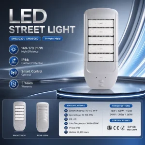 LED IP66 AC Street Light 140-170 Lm/W Waterproof Outdoor Lighting with 5-Year Warranty for Roads & Parks