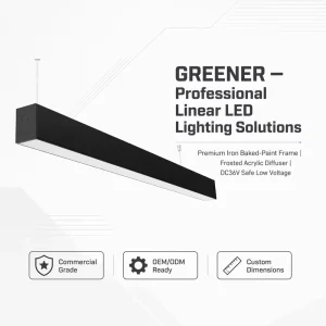 LED Linear Pendant Lighting Fixture Black Aluminum Frame Seamless Connection Commercial Office Shop