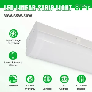 LED Linear Strip Lights 8FT 80W 65W 50W 3CCT Linear Shop Light for Warehouse Basement Industrial Lighting
