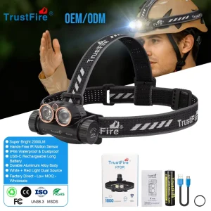 LED Motion Sensor Headlamp H7GR 2000LM IP66 USB-C Adjustable Beam Rechargeable Flashlight for Camping