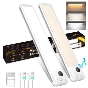 LED Motion Sensor Under Cabinet Lighting Rechargeable 3 Color Modes Magnetic Stick-On Dimmable Night Light Kitchen Stairs