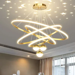 LED Pendant Lamp Modern Gold LED Ring Chandelier Starry Sky Projector for Bedroom Livingroom Pendant Light