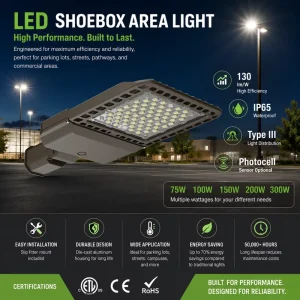 LED Shoebox Area Light 75W 300W 130LM W Type III Distribution ETL Certified Outdoor Parking Lot Street Light Photocell Sensor