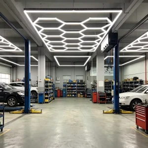LED Shop Light for Garage Hexagonal Honeycomb Modular Linkable Ceiling Hex Grid Light Car Wash Workshop Retail