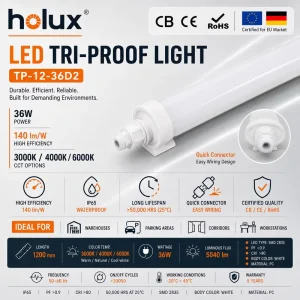 LED Tri Proof Light 36W 140lm/W IP65 CE ERP RoHS 3 CCT 1200mm 5 Years Warranty PC Housing CRI 80 Indoor/Outdoor