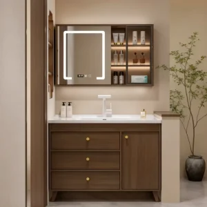 Large Batch Project Multi layer Solid Wood Bathroom Vanity Easy Assembly Waterproof Cabinet for Commercial Building OEM ODM