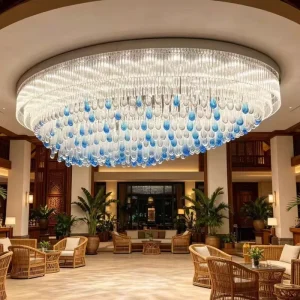 Large Hanging Blue Water Drop Glass Chandelier LED Light for Hotel Lobby Resort Commercial Decoration