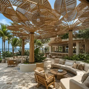 Large Modular Faux Rattan Pendant Light Metal Leaf Canopy for Hotels Resorts Villas Event Spaces