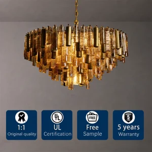 Large Textured Glass Chandelier Organic Modern Cast Glass Round Pendant Light for Lobby Staircase High Ceiling Living Room Foyer