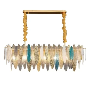 Light Luxury Gold Leaf Textured Glass Chandelier Modern Pendant Lamp for Living Room Dining Room Villa Home Decor Lighting
