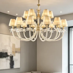 Light Luxury Multi Tier K9 Crystal Chandelier Premium Brass Hardware Fabric Lampshade Ceiling Pendant Light for Home Villa