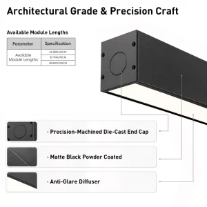 Linear Light Pendant 130lm/W CCT Power Selectable ETL DLC 5.1 Suspended for Retail Store Lighting