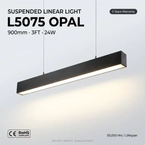 Linkable LED Linear Pendant Light 3FT 24W 900mm 2880lm Opal Diffuser 6063 Aluminum 5CCT PF 0.9 Flicker Free Office Studio