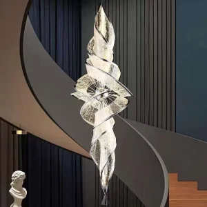 Long E26 Gold Glass Remote Control Hotel Lobby Chandelier LED Light Hanging Type Dimmable Villa Mansion