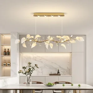 Long Linear Branch Chandelier White Ceramic Leaves Crystal Pendant Lamp for Dining Table Kitchen Island