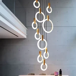 Long Staircase Hanging Pendant Light Rings Round LED Circle Double Height Chandelier Duplex Building