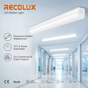Low Glare PC Cover LED Batten Light Ra90 Optional Linear Fixture for Commercial Interior Ceiling Lighting