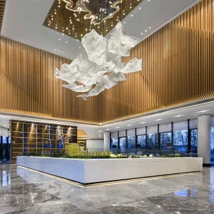Luxurious Indoor LED Chandelier Crystal Sheet Stainless Steel Hanging Installation Pendant Light