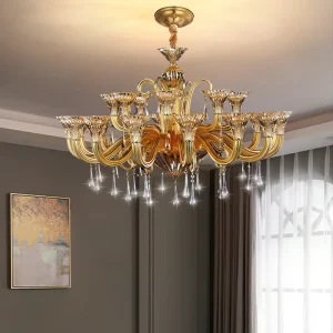 Luxury All Copper K9 Crystal Chandelier Adjustable Height Gold Shade LED Pendant Light for Living Room Lobby Indoor Decor