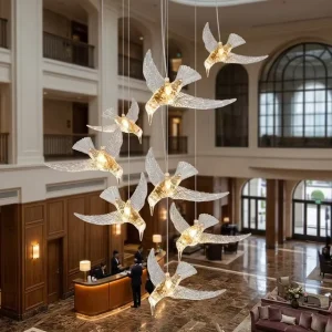 Luxury Bird Shaped Acrylic LED Chandeliers Adjustable Height Pendant Hanging Lights for Ceiling Staircase Dual Color Temp CRI 80