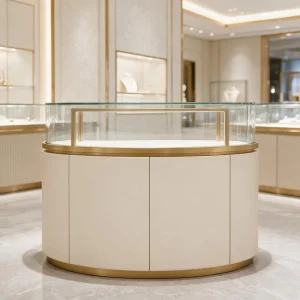Luxury Circular Tower Vitrine Cream Leather Base Gold Trim Curved Glass LED Cove Wall Niche Jewelry Boutique Shopfitting Display