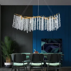 Luxury Crystal Chandelier Middle Long Pendant Light Adjustable Height Minimalist LED Indoor Lighting