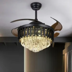 Luxury Crystal LED Ceiling Fan Lamp Remote Control Invisible Home Decoration Lighting for Living Dining Room Cross Border