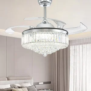 Luxury Crystal Smart LED Lamp Hotel Remote Control Retractable Chandelier Fan Light Ceiling Living Lighting