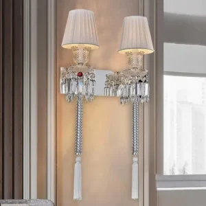 Luxury Double Arm Crystal LED Wall Lamp Modern 2-Light Sconce Fabric Shade Tassel High CRI 95 Living Room Decor