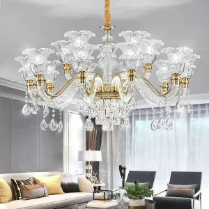 Luxury European Style Gold Crystal Chandelier with Adjustable Height Hanging Lamp for Living Room Dining Room Pendant Lights