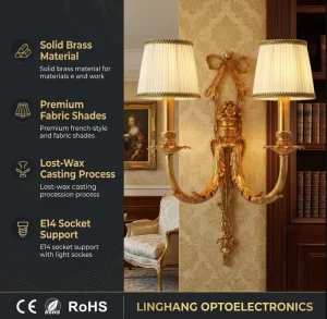 Luxury French Classic Wall Sconce Antique Gold Double Head Wall Light with Fabric Shade for Living Room Bedroom Villa Decor