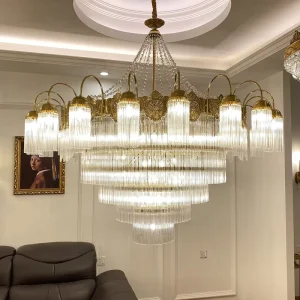 Luxury French Style Gold Crystal Rod Chandelier LED Warm White Vintage Carved Metal Pendant Light for Living Room Dining Room