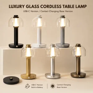 Luxury Glass Flexible Adjustable Cordless Table Lamp USB Rechargeable LED Night Light Contact Charging Base Hotel Restaurant Bar
