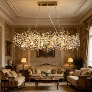 Luxury Gold Branch Crystal Linear Pendant Light for Dining Room Living Room