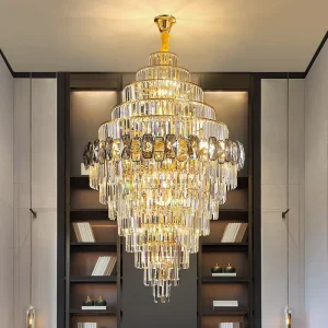 Luxury Gold Crystal Chandelier Pendant Light for Hotel Villa Living Room Stairs Adjustable Height Iron Ceiling Installation