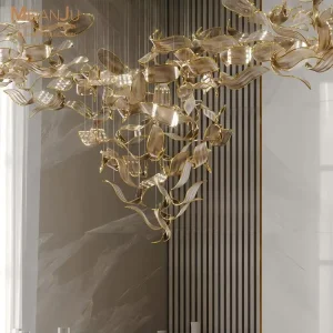 Luxury Gold Leaf Glass Chandelier Adjustable Height LED Modern Artistic Pendant Light for Hotel Lobby Dining Room Villa