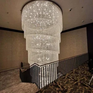 Luxury Large Long K9 Crystal Chandelier with Remote Control Customizable Lighting for Villa Hotel Staircase Projects