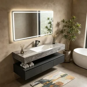 Luxury Lightweight Floating Rock Panel Bathroom Vanity Anti-Fog LED Smart Mirror Custom Sizes OEM ODM