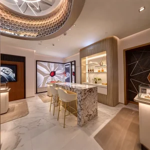 Luxury Marble Bar Counter with Backlit Wall Shelves High-End Retail Reception Island for Jewelry and Watch Boutiques