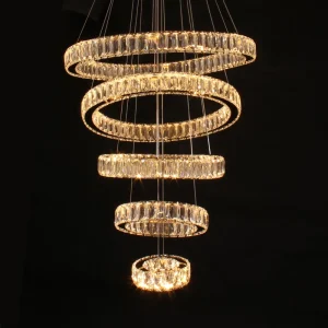 Luxury Modern 5 Ring K9 Crystal Pendant Chandelier Cool Warm White Light for Living Room Easy Installation