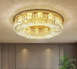 Luxury Modern Crystal Ceiling Light Gold LED Flush Mount Chandelier for Dining and Living Room Simple Lamp for Hotel Home Use