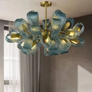 Luxury Modern Design Rectangle Chandelier Retro Hanging Hand Blown Glass Flower Artistic Pendant Light Villa Hotel Custom Middle