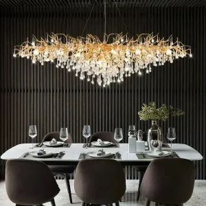 Luxury Modern Gold Aluminum Oval Glass Hanging Chandelier Pendant Light LED Adjustable Height Warm White for Hotel Restaurant