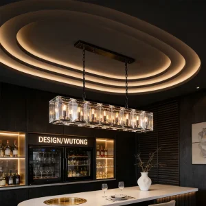 Luxury Modern K9 Crystal Pendant Chandelier for Dining Room and Kitchen Island Rectangular Hanging Lighting with E12 Bulb Base