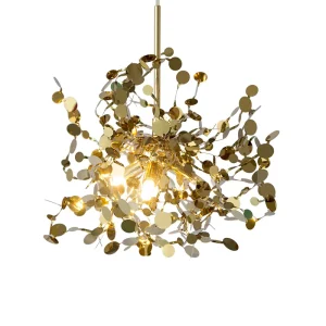 Luxury Modern Stainless Steel Chandelier Gold Creative Spark Ball Leaf Pendant Light for Living Dining Room Hotel