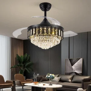 Luxury Remote Control Retractable Invisible Fan Blade 42-Inch Iron LED Black Ceiling Fan Light